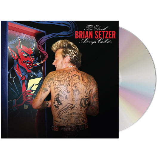 CD album cover featuring a shirtless man with extensive back tattoos facing a cartoon devil character.