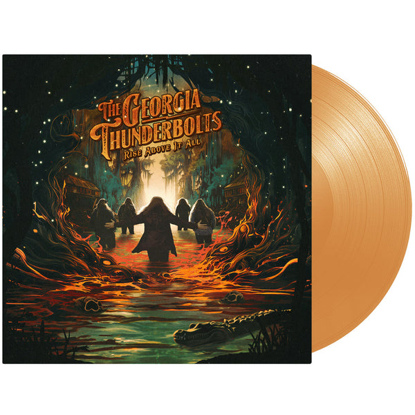 Vinyl record album with a colorful, dramatic cover artwork featuring silhouetted figures in a fiery swamp scene.