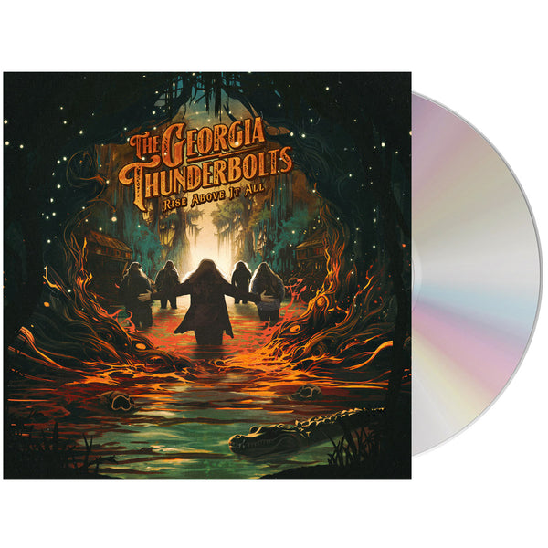 Album cover featuring silhouetted figures in a fiery swamp setting with the band name ’The Georgia Thunderbolts’ prominently displayed.