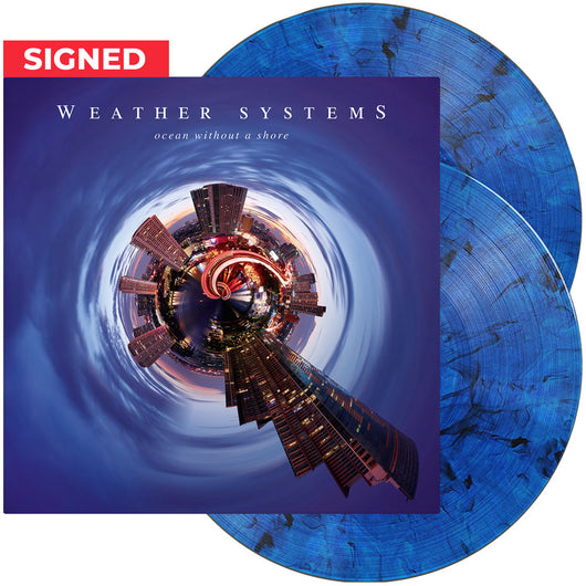 Blue marbled vinyl record album of ’Weather Systems’ by Ocean Colour Scene, with a ’SIGNED’ sticker on the cover.